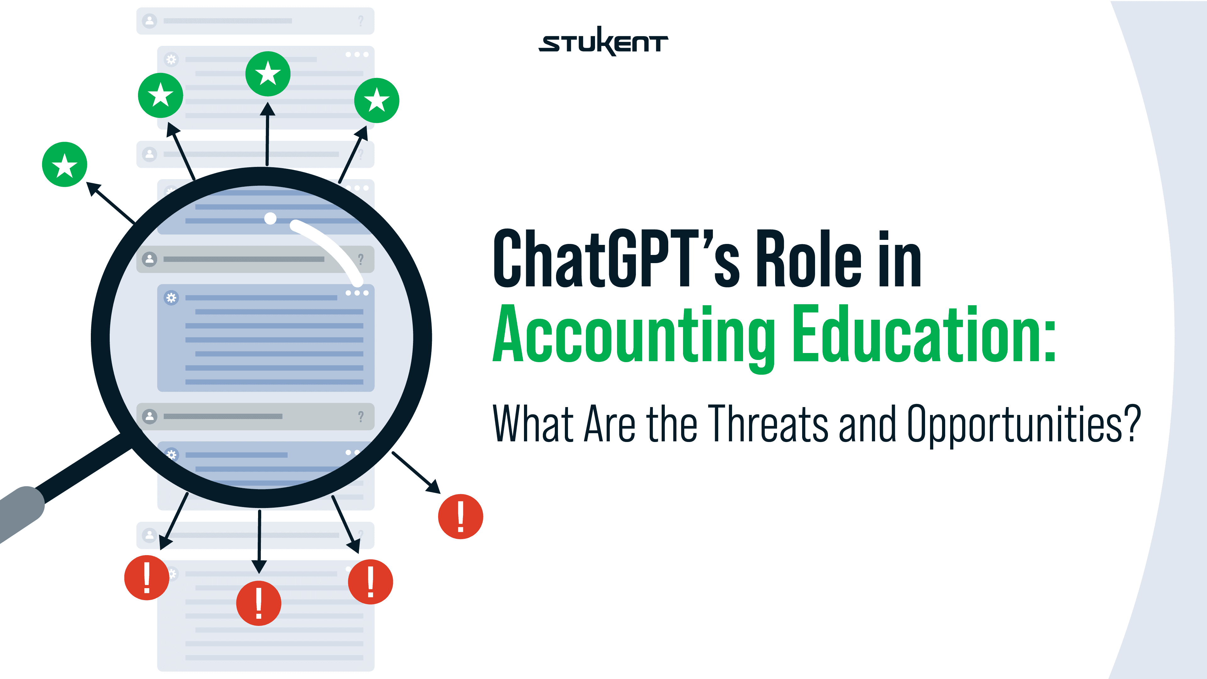 Magnifying class looking over text box. Text says "ChatGPT's Role in Accounting Educations: What Are the Threats and Opportunities