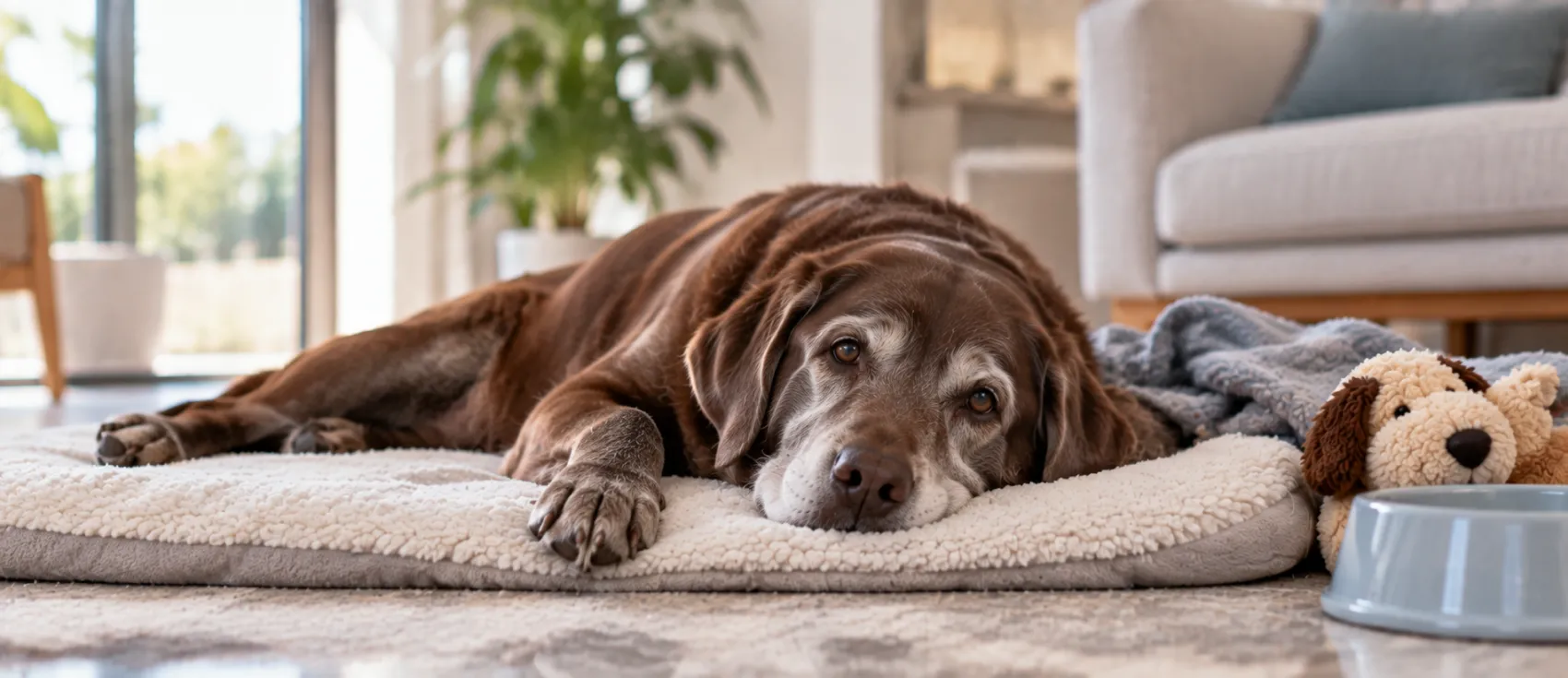 A senior Chocolate Labrador lies on a dog bed, appearing tired.