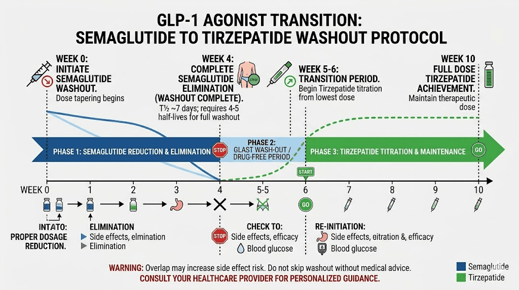 Proper washout timeline for switching from semaglutide to tirzepatide safely