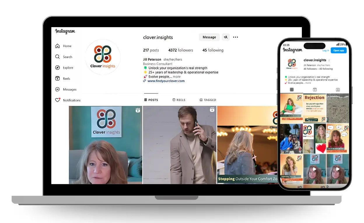 Clover Insights Instagram profile displayed on a laptop and mobile phone.