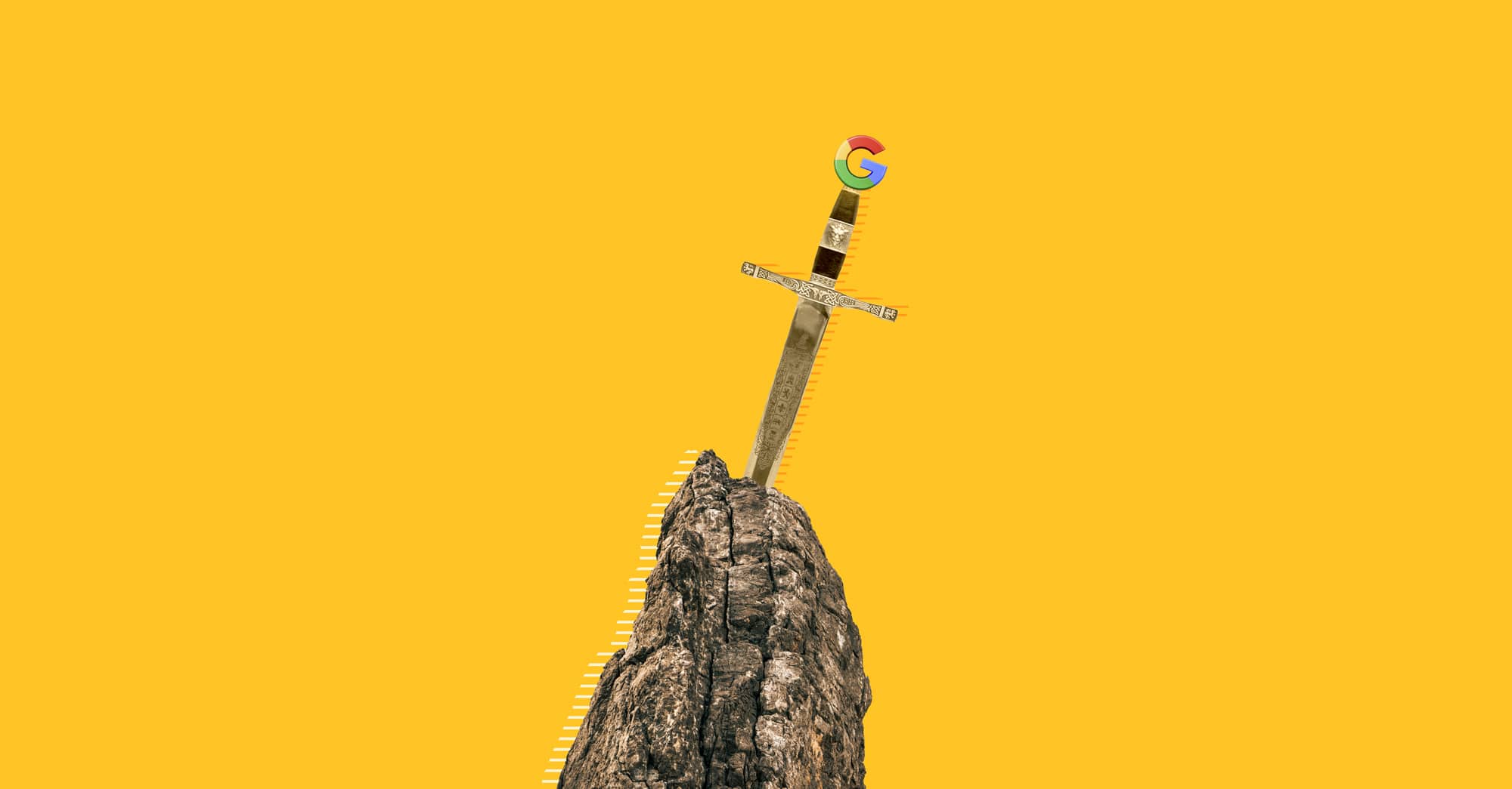 Espada incrustada en una roca con logo de tecnología sobre fondo amarillo.