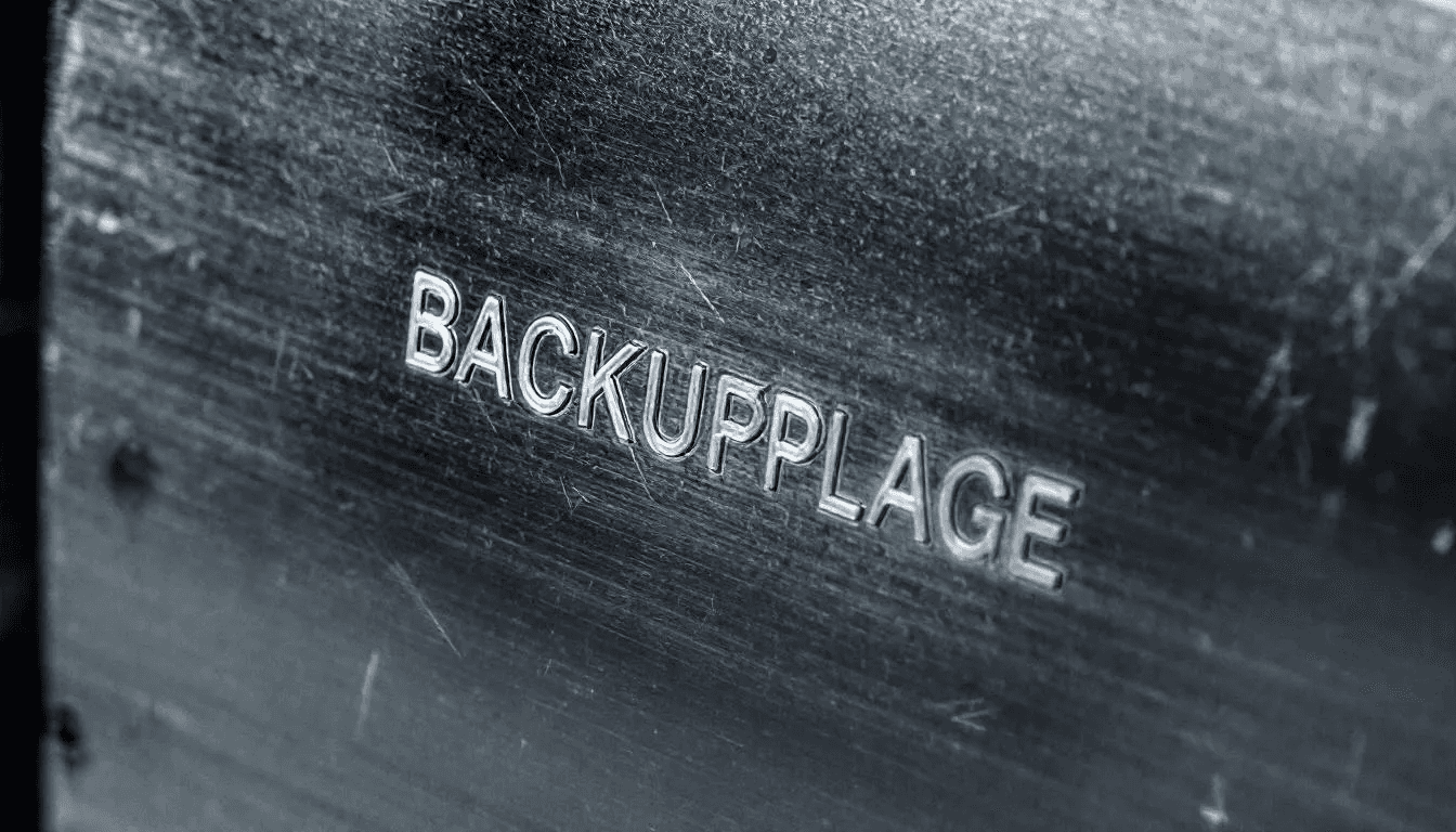 The image features a metal backup plate engraved with recovery words, serving as a secure backup solution for crypto wallets. This method helps users protect their private keys and recovery phrases, ensuring access to their digital assets even in the event of device loss or catastrophic events.