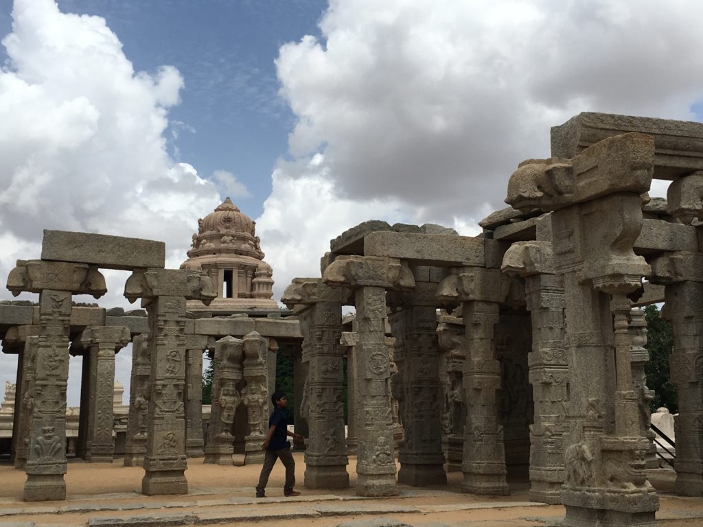 The unfinished kalyana mantapa with many pillars but no ceiling at Lepakshi
