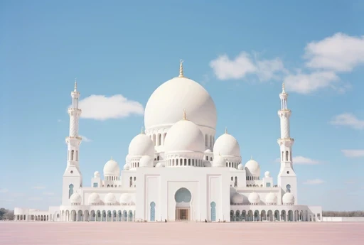 White mosque with domes and minarets under a clear blue sky
