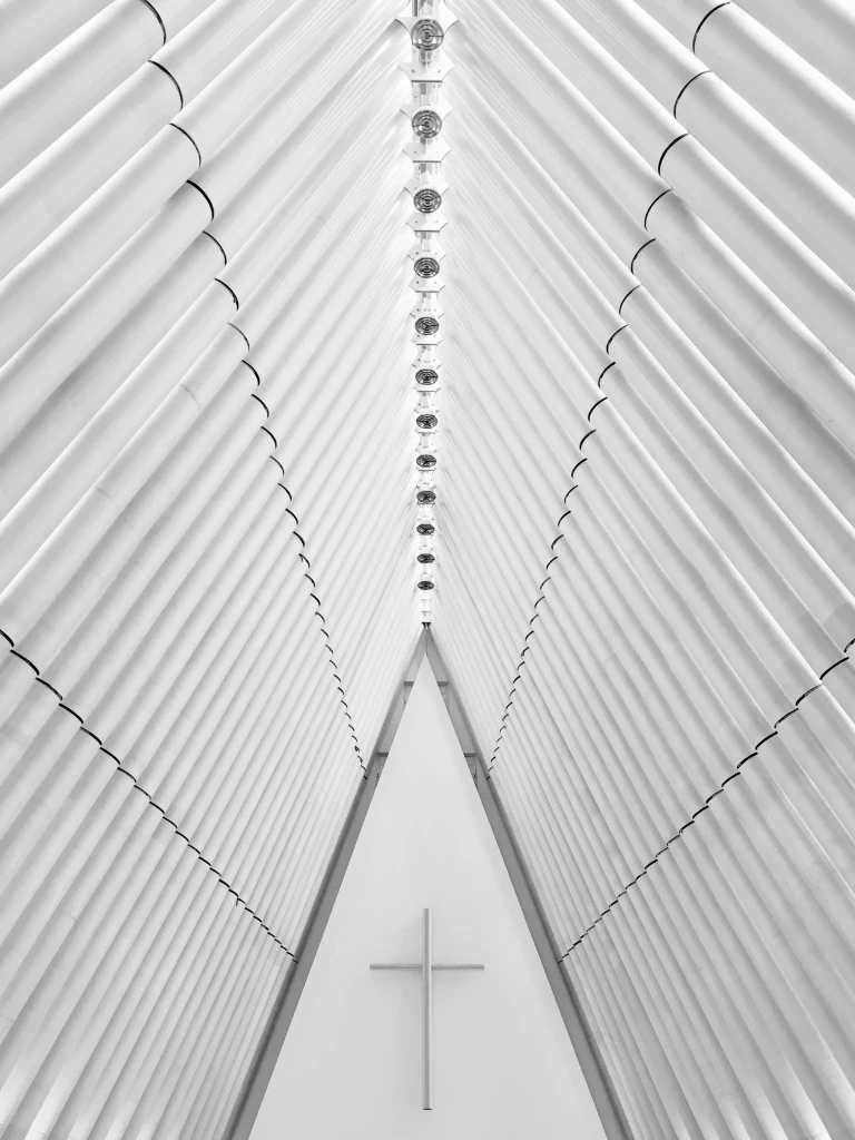 Interior architecture of the Cardboard Cathedral in Christchurch New Zealand
