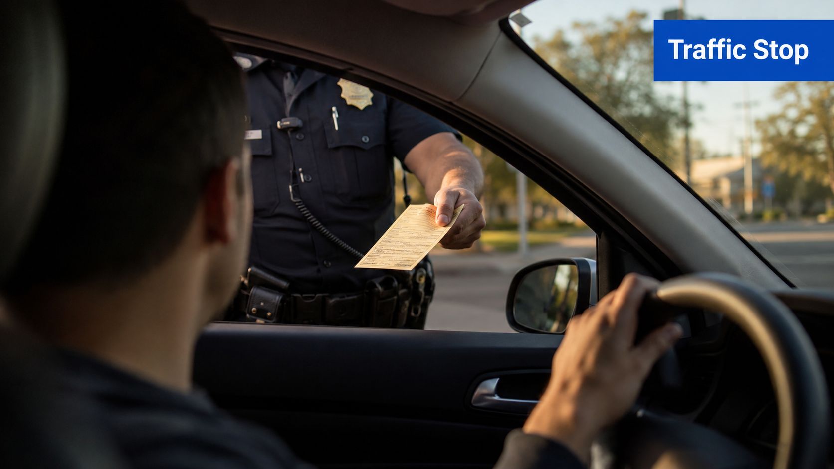 A police officer hands a traffic citation to a driver through the window of a car.
