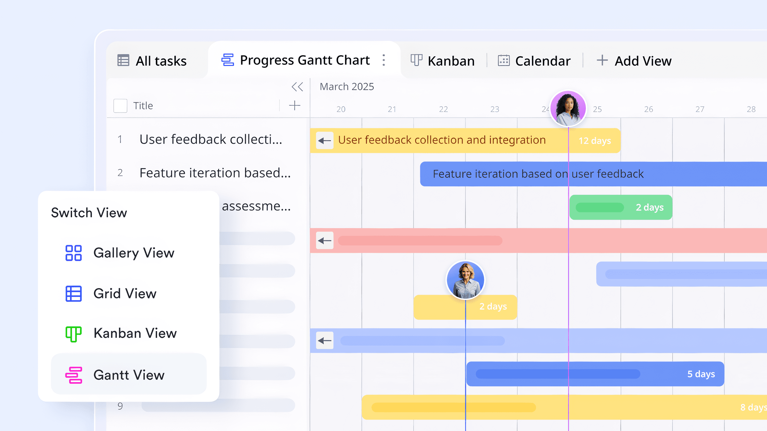 A project management tool's Gantt and Kanban views