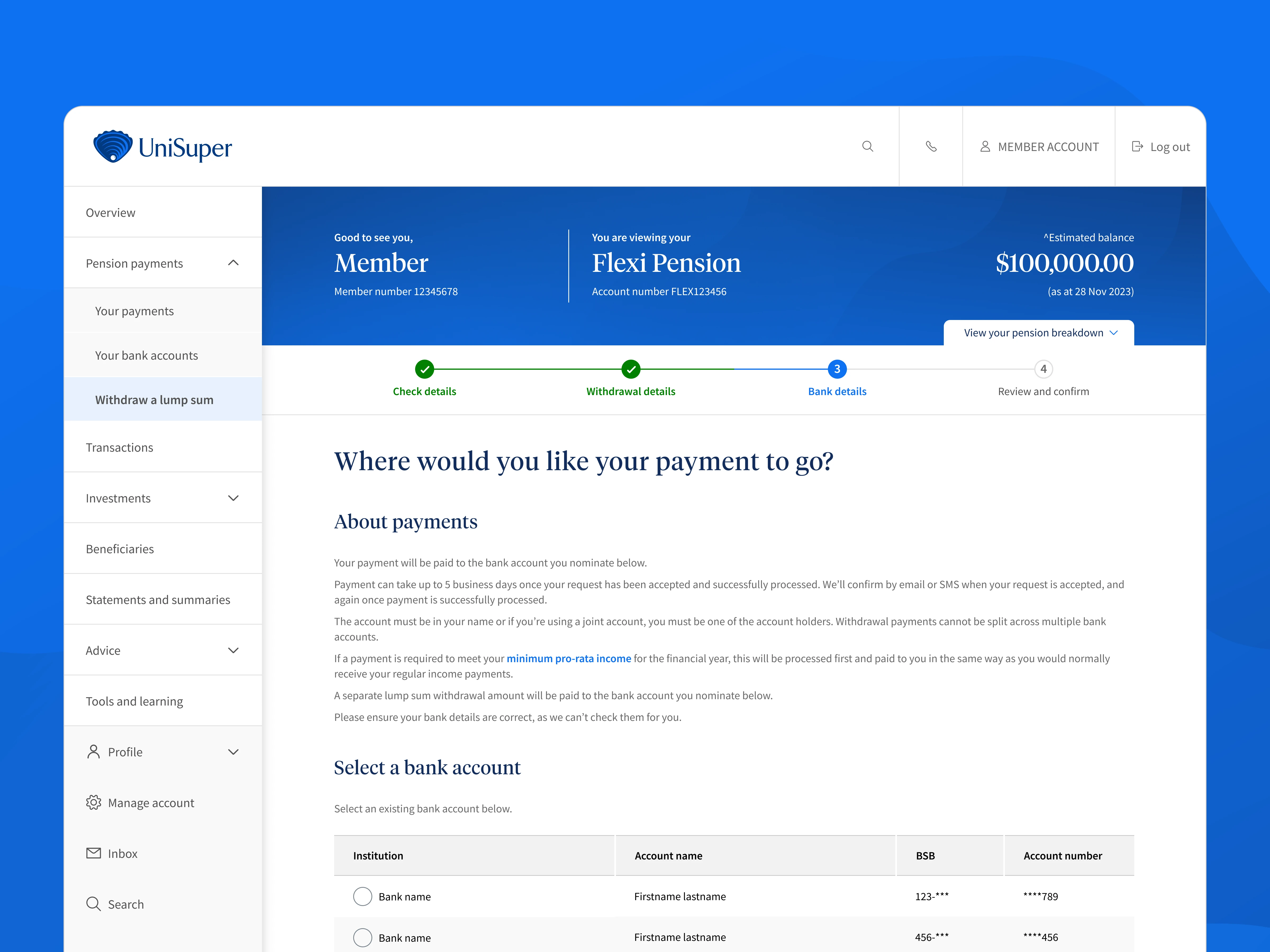 Bank account selection step