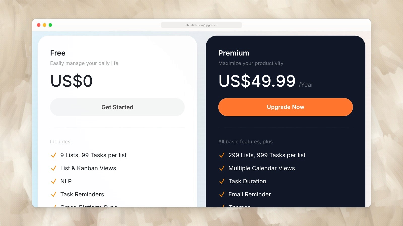 TickTick Free and Premium; Premium is listed at US$49.99 per year.