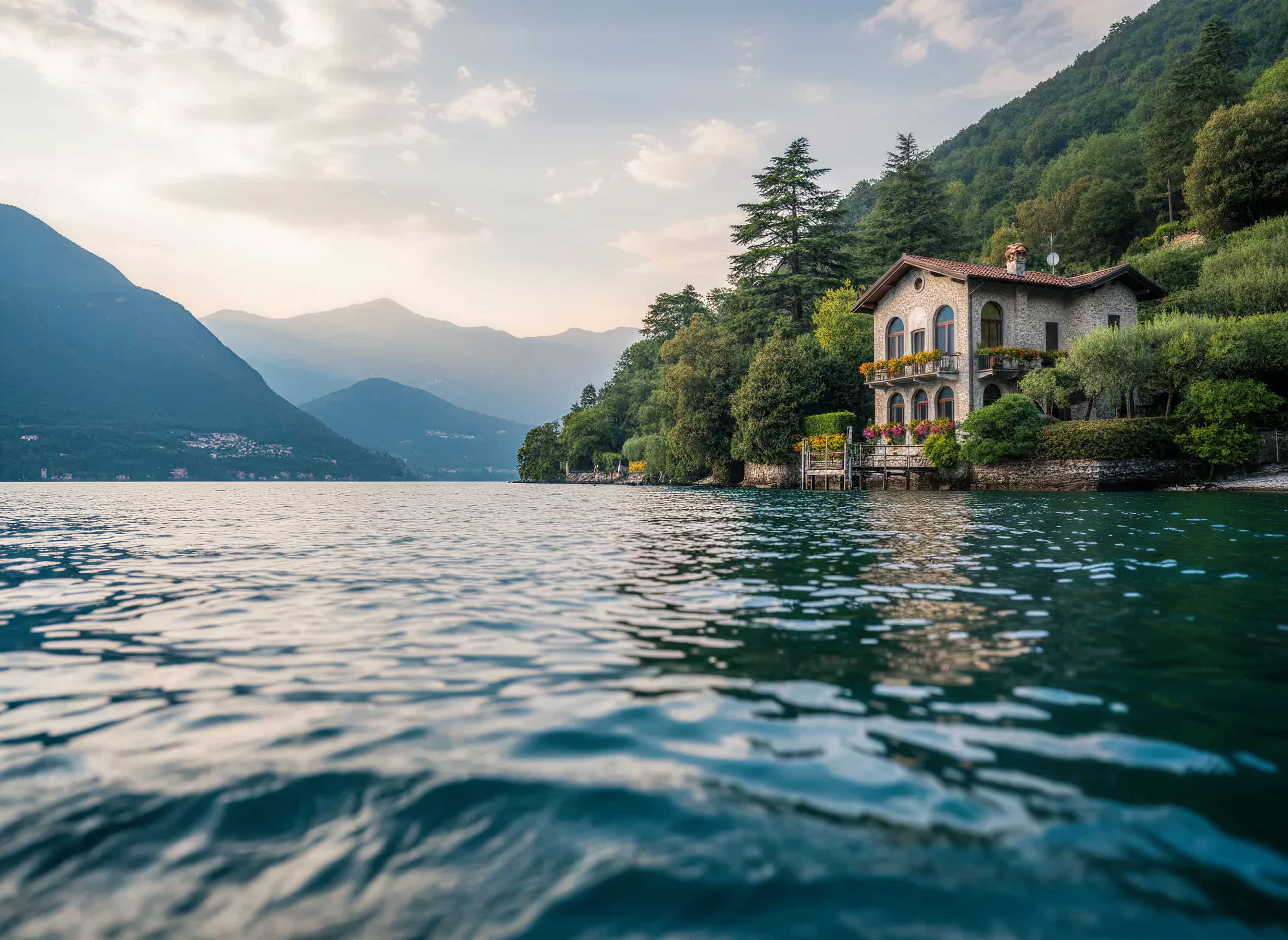 scatto dal lago di una casa in sassi posizionata sulle rive del lago di como