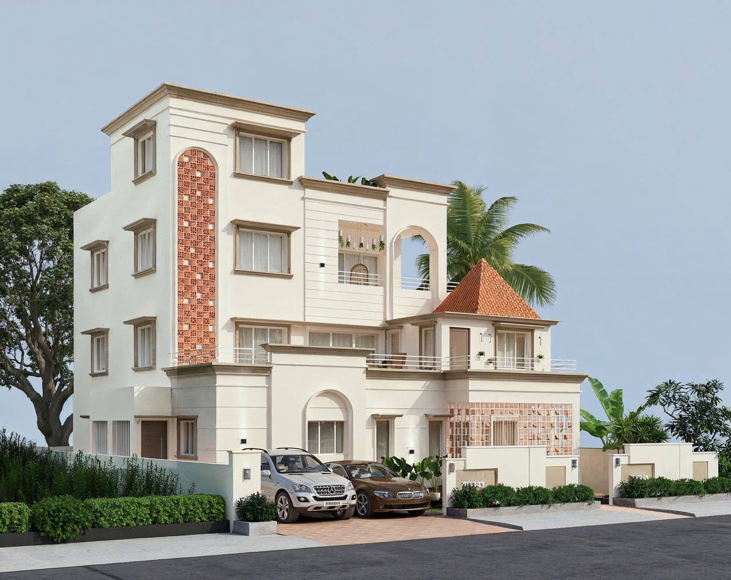 Stone house with blue shutters and white gate