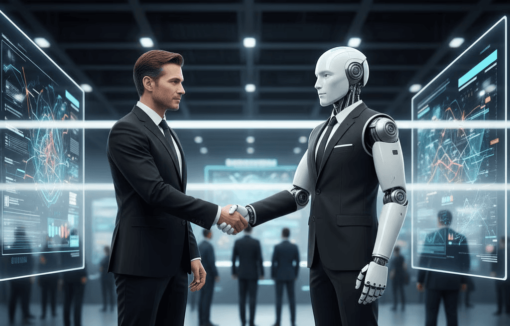 A man and a robot shaking hands over a cityscape, symbolizing a successful business partnership.