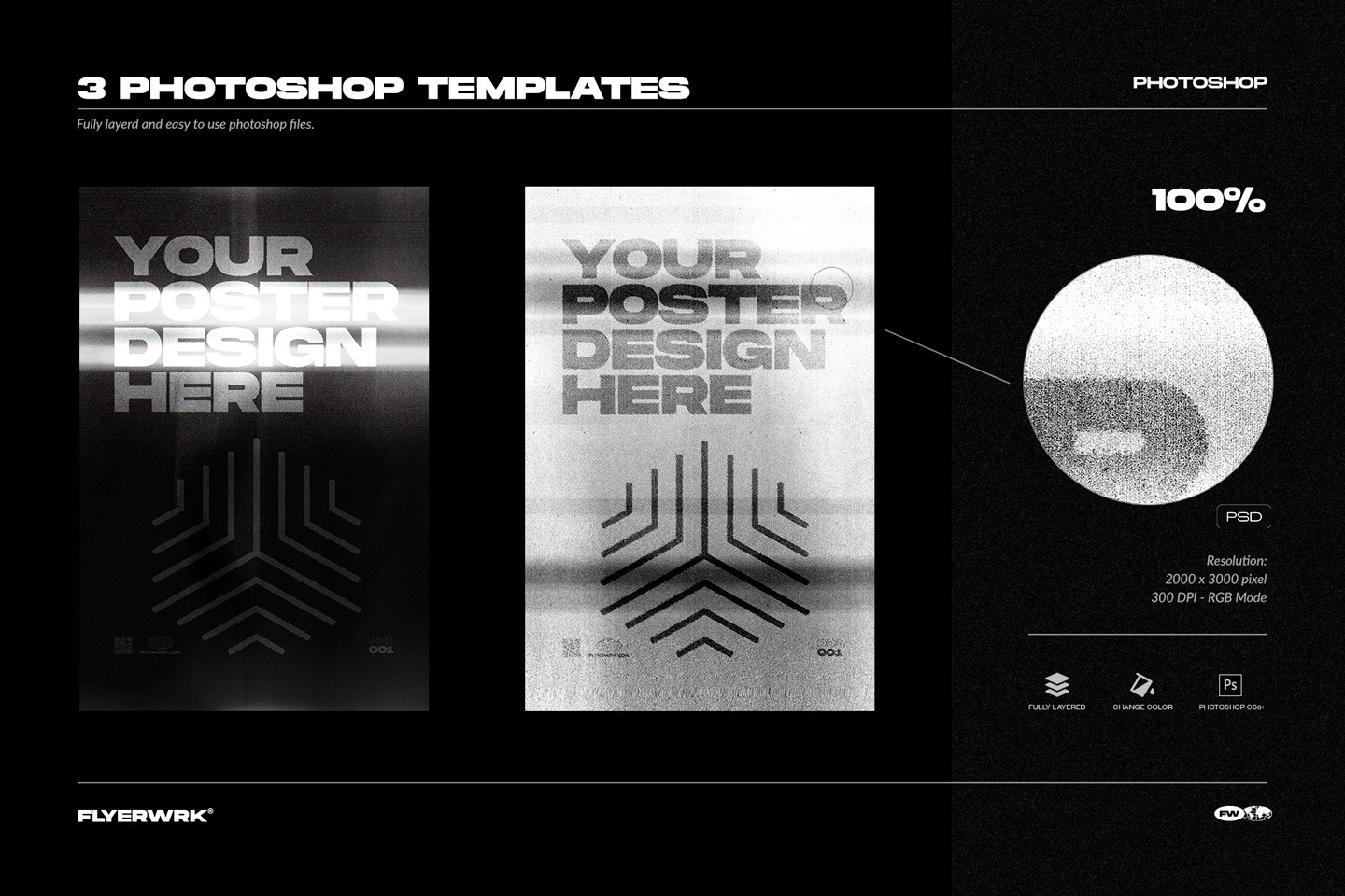 Photoshop templates preview showing poster mockups with photocopy scan texture effect