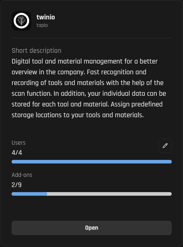 Excerpt from the detail page of twinio in My tapio