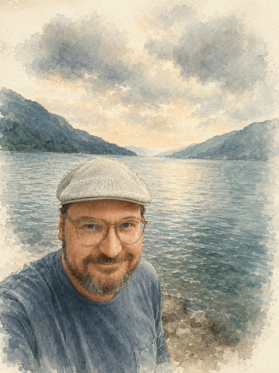 Watercolour portrait of Lasse Leino, the Genba Sensei, by a mountain lake