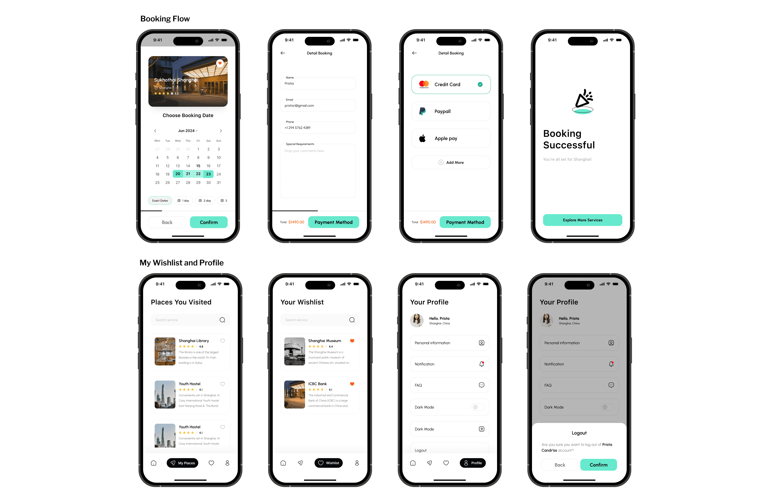 YiSi Mockups from Booking and Profile experience