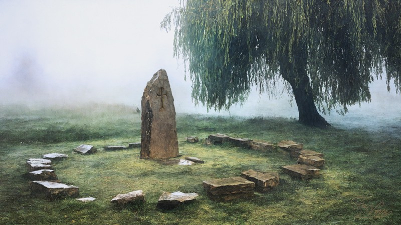 Sacred artwork by Faith and Verse. © Faith and Verse, 2025. All rights reserved. A solitary Celtic burial mound with standing stone and carved cross beneath a sacred willow tree in misty Irish countryside—the Christian mother's grave where the pagan king's grief, without the hope of resurrection, began its descent into obsession and disorder.