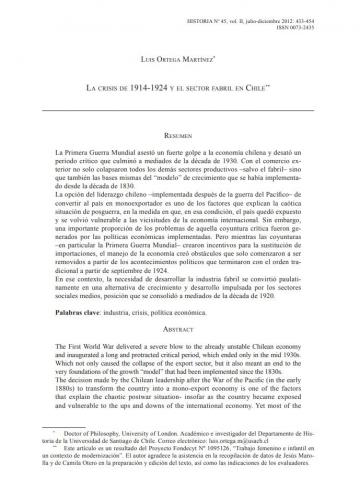 La crisis de 1914-1924 y el sector fabril en Chile
