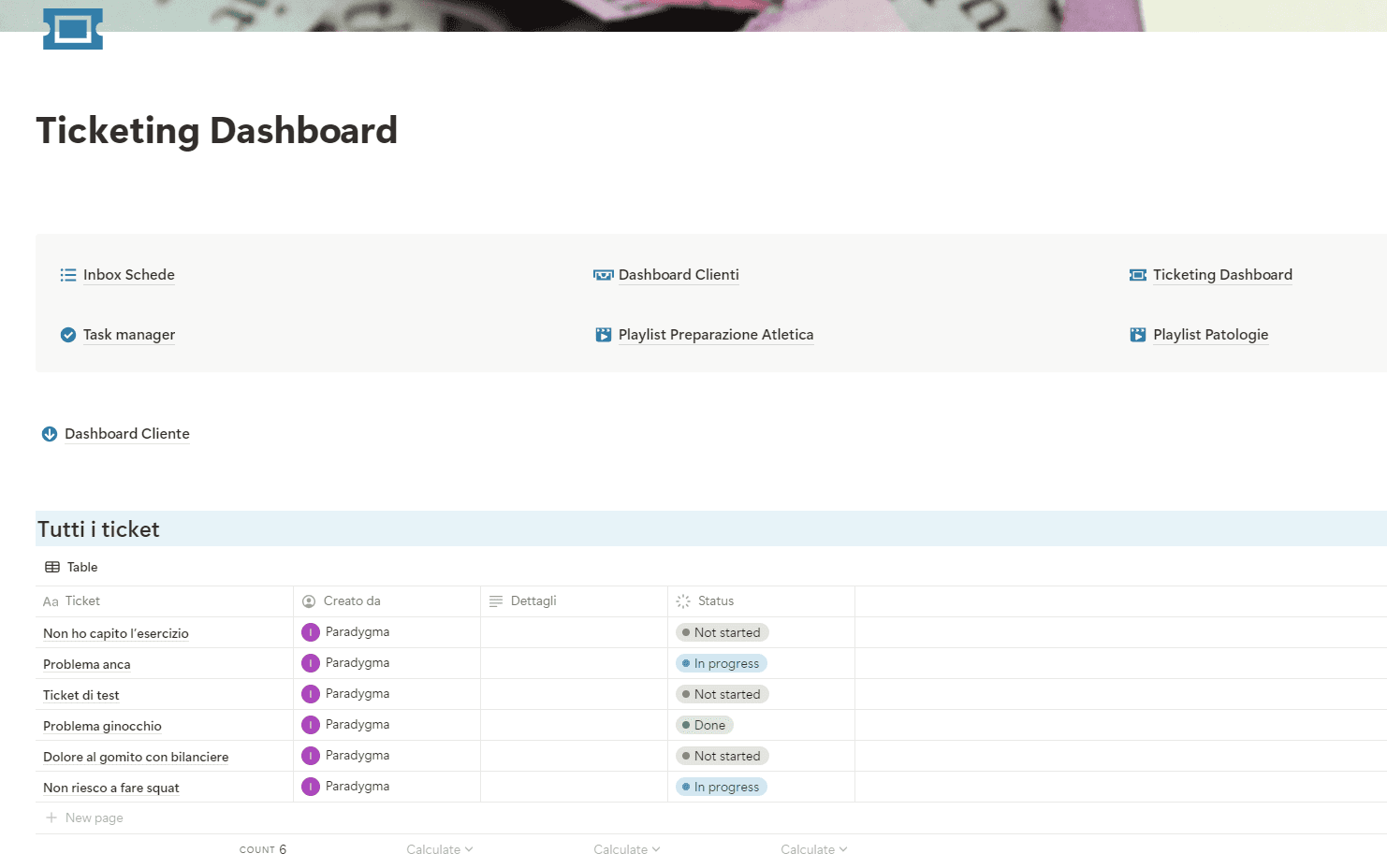 Pagina dei ticket