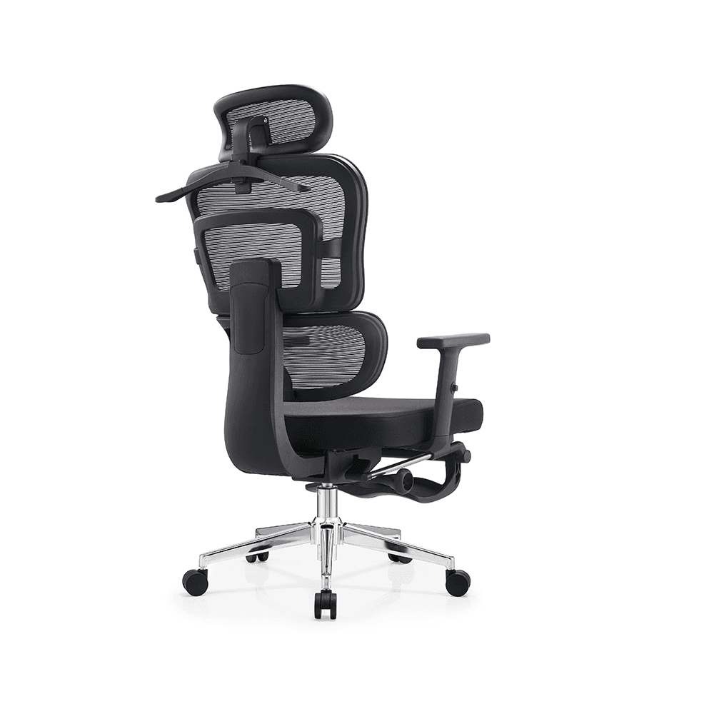 Tchod Furniture Co.,Ltd ergonomic office chair Model No.6815, back view showing integrated clothes hanger, black mesh adjustable backrest, lumbar support, and chrome base.