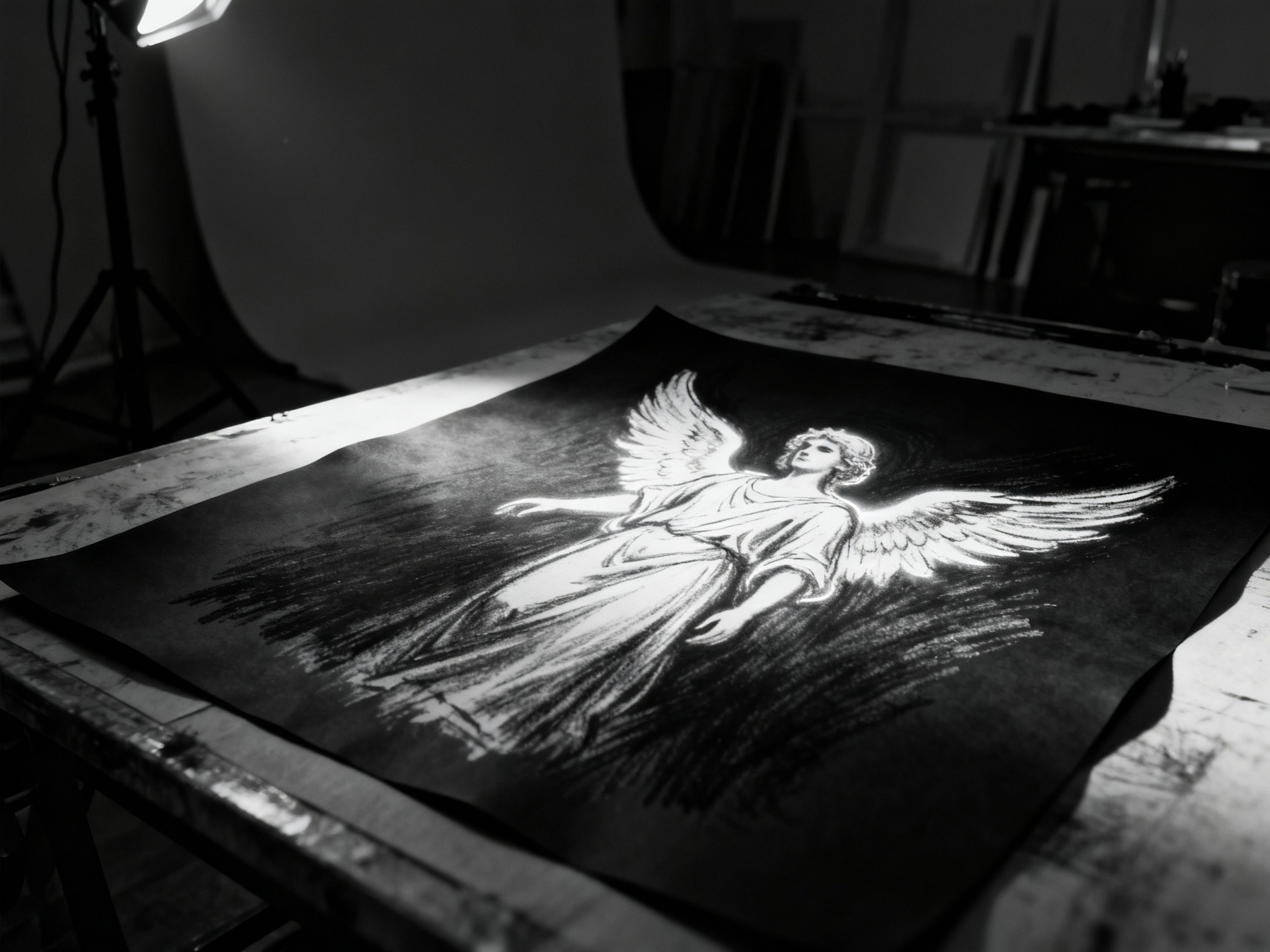 A cinematic wide-angle shot depicting a luminous angel figure drawn in charcoal on textured black
