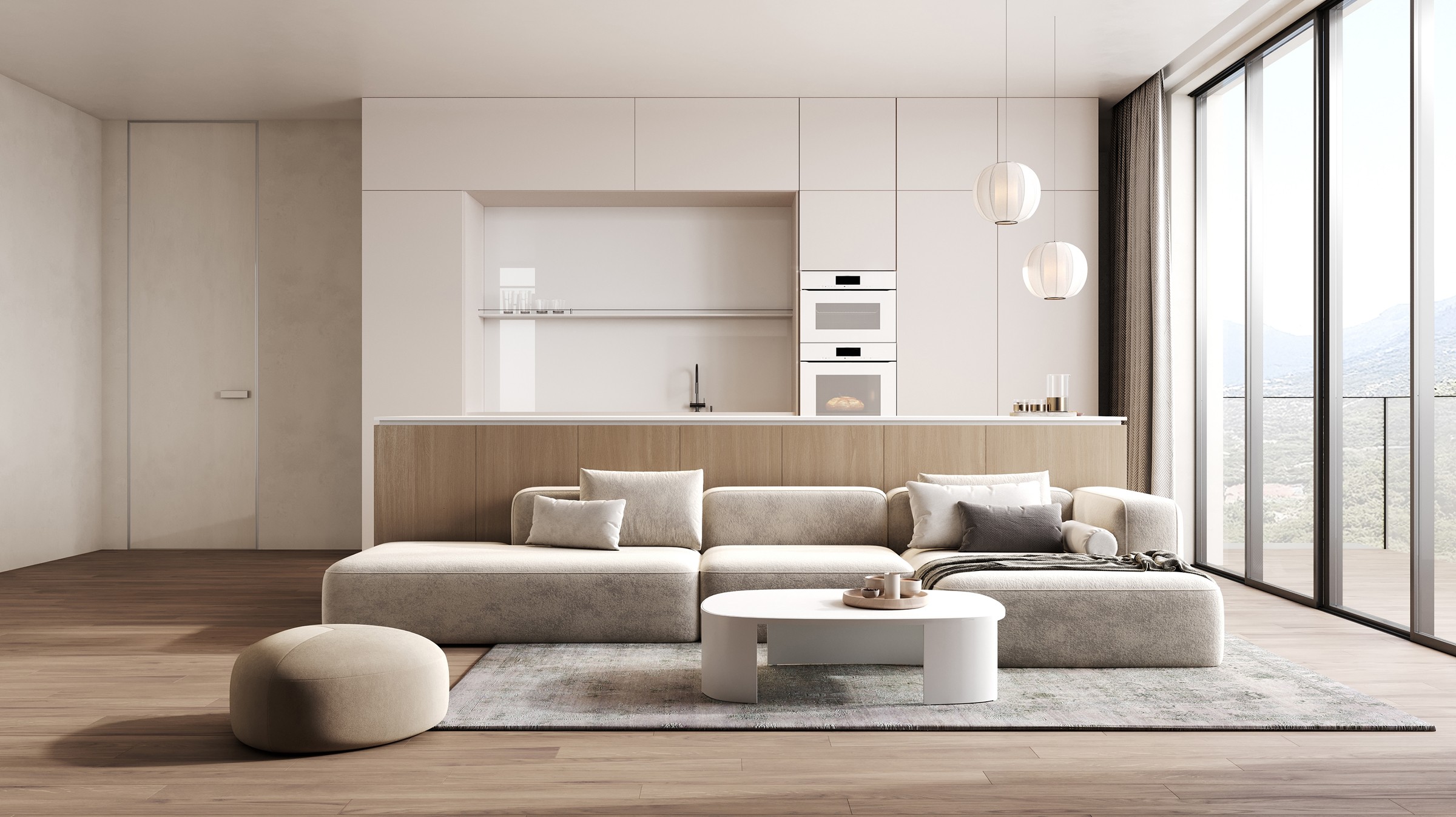 A modern living room with a large window