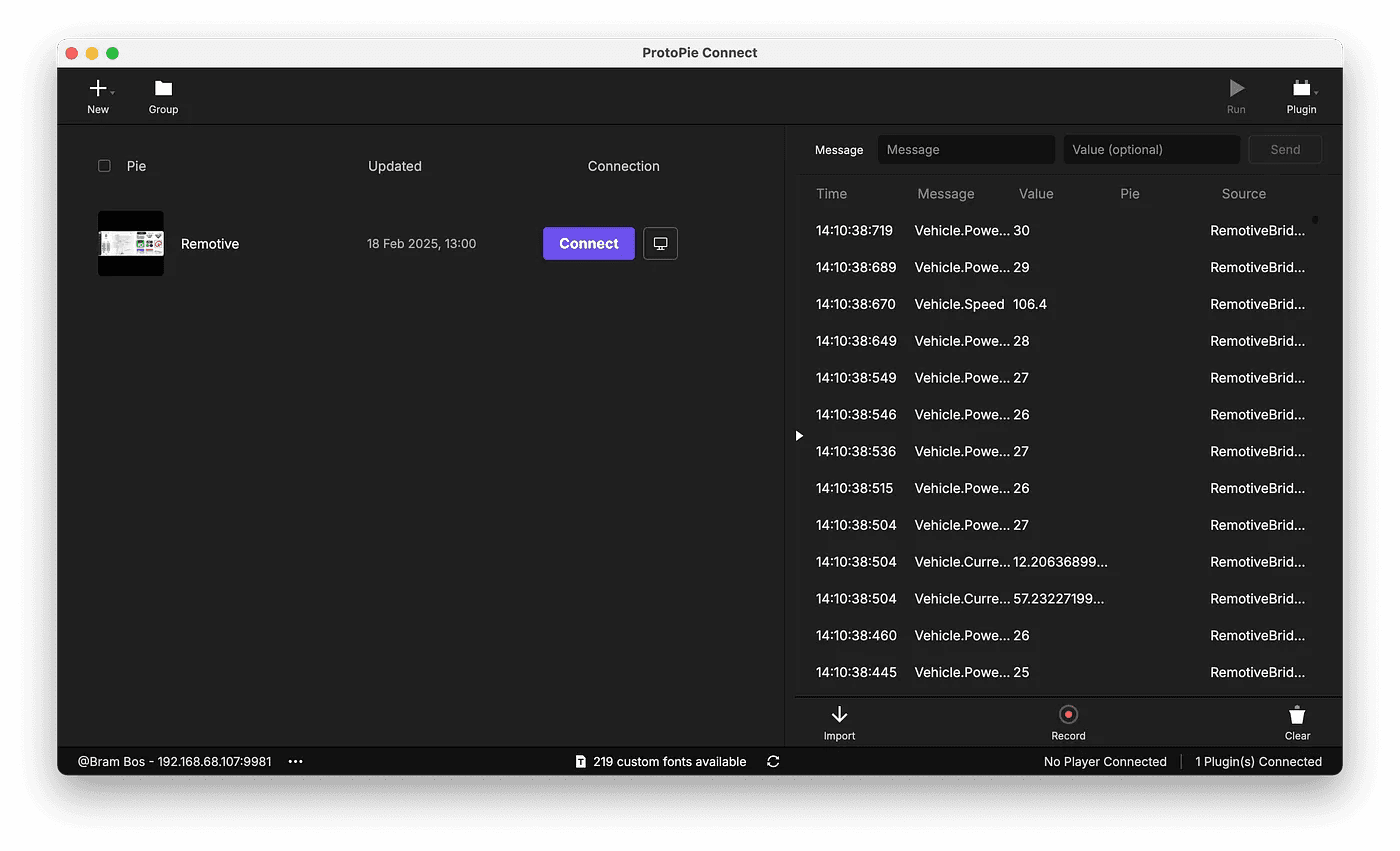 ProtoPie Connect showing data stream