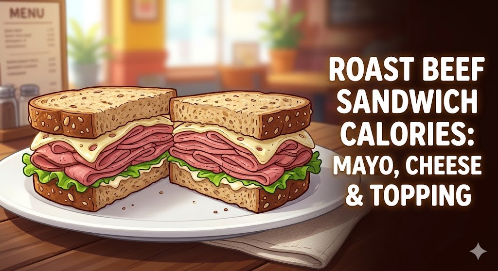 An illustrated guide showing a gourmet deli roast beef sandwich with layers of Swiss cheese, lettuce, and mayo on whole wheat bread, analyzing total calories.