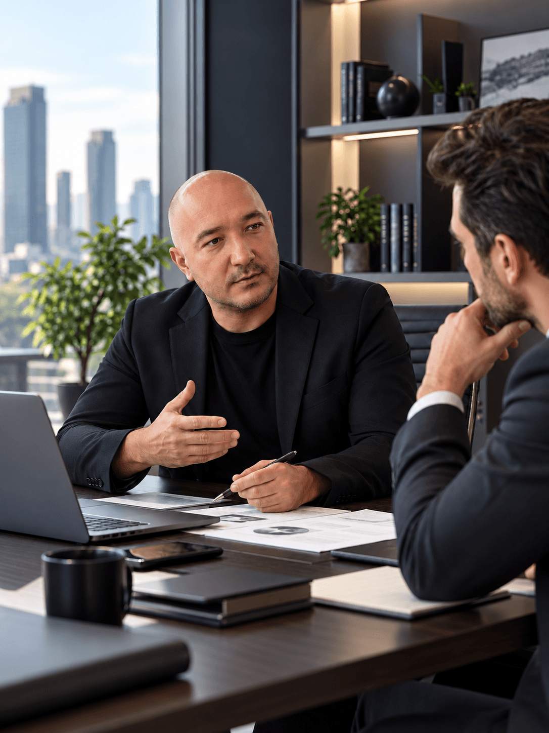 Основатель компании обсуждает стратегию бизнеса и управленческие решения на деловой встрече.
