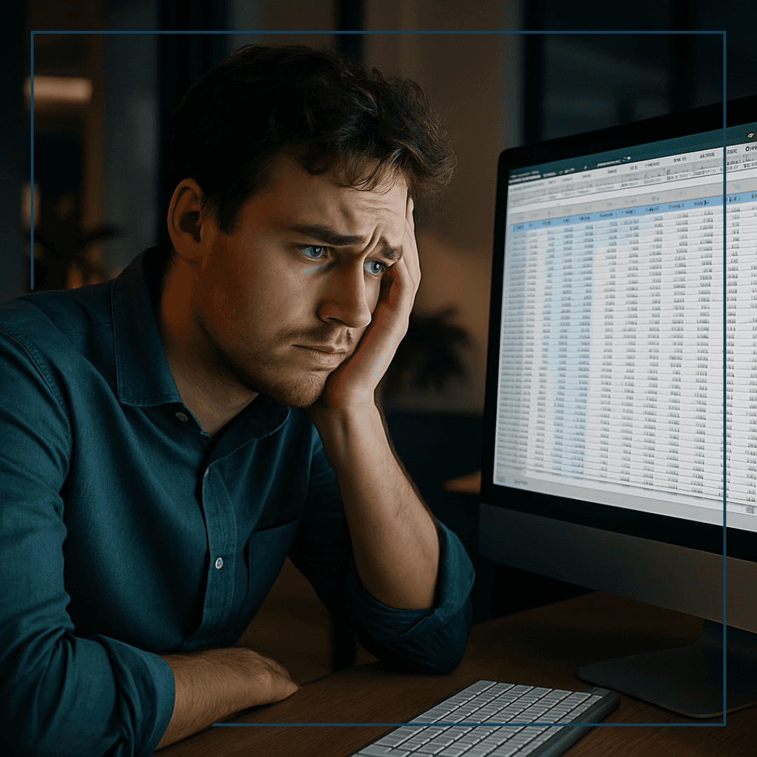 Ein weißer verzweifelter Mann mit braunen Haaren der auf seinen Bildschirm starrt