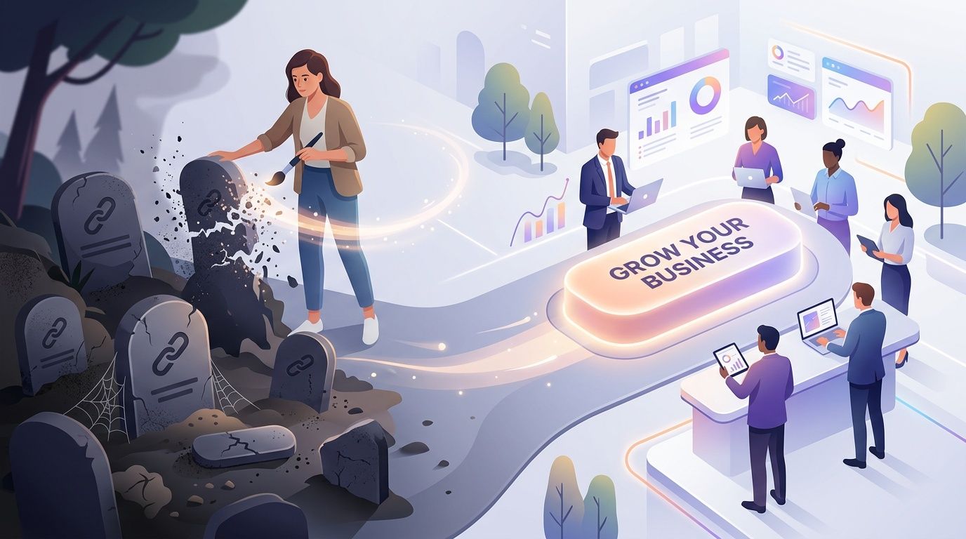 A businesswoman uses a glowing brush to transform obsolete backlink tombstones into a modern business growth path.
