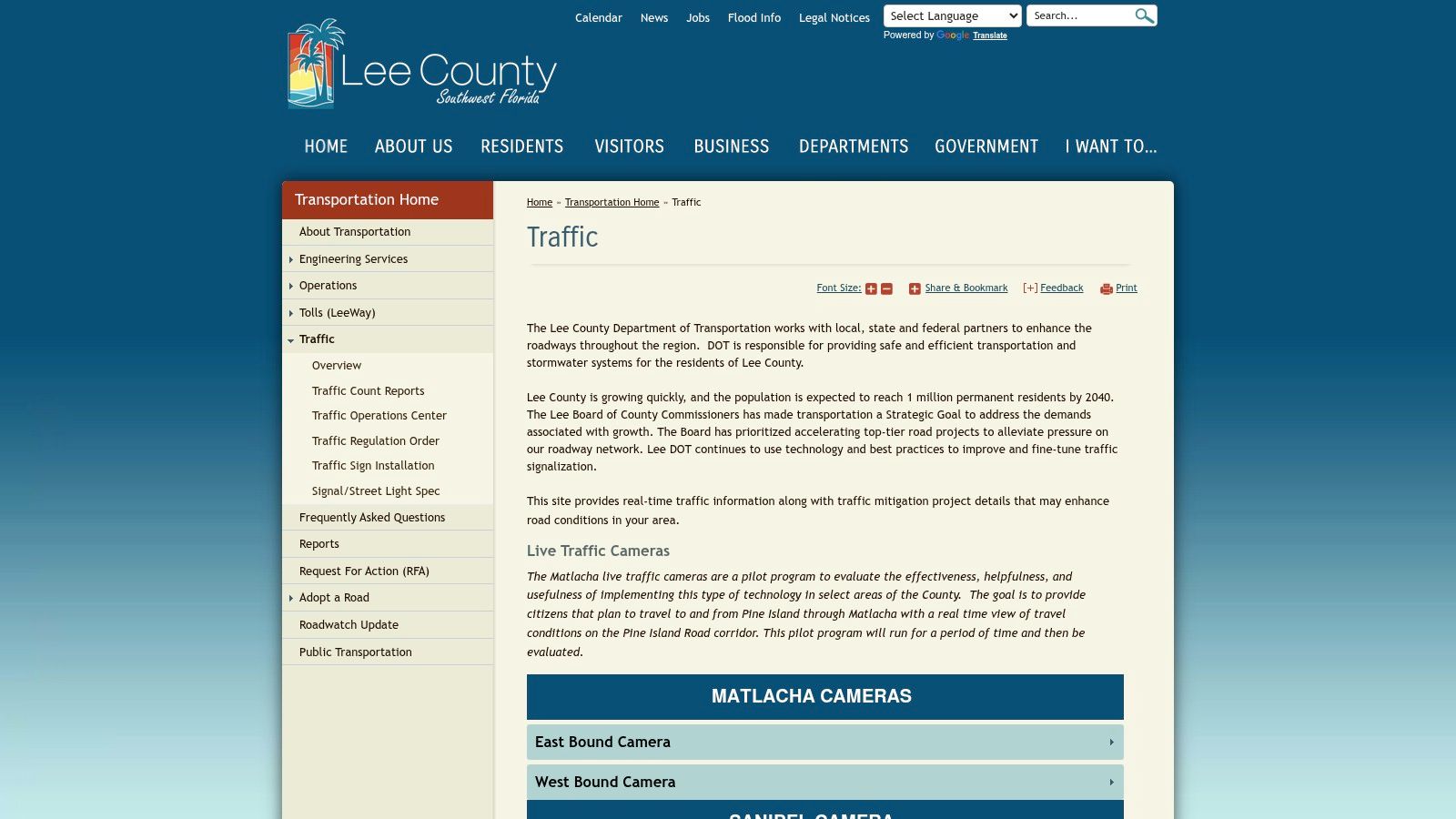 Lee County DOT Matlacha live traffic cameras pilot
