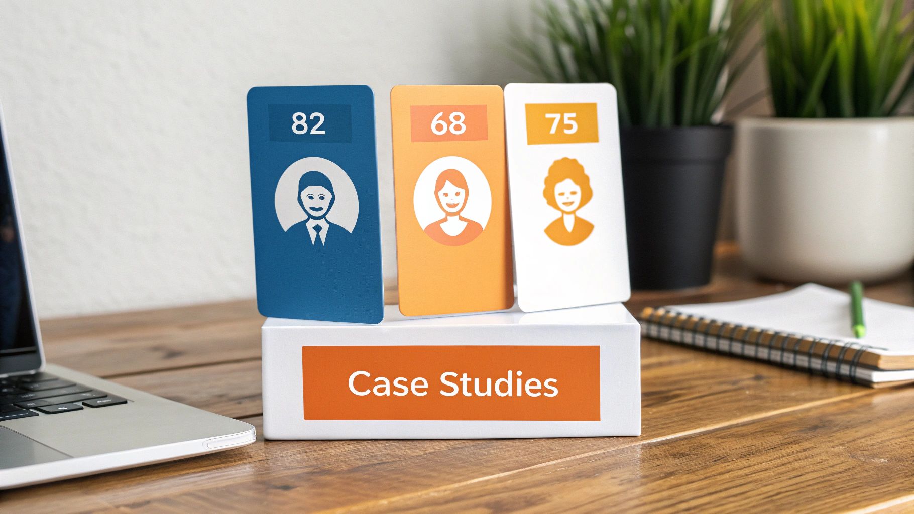 Three scorecards showing diverse person icons and scores (82, 68, 75) on a 'Case Studies' box.