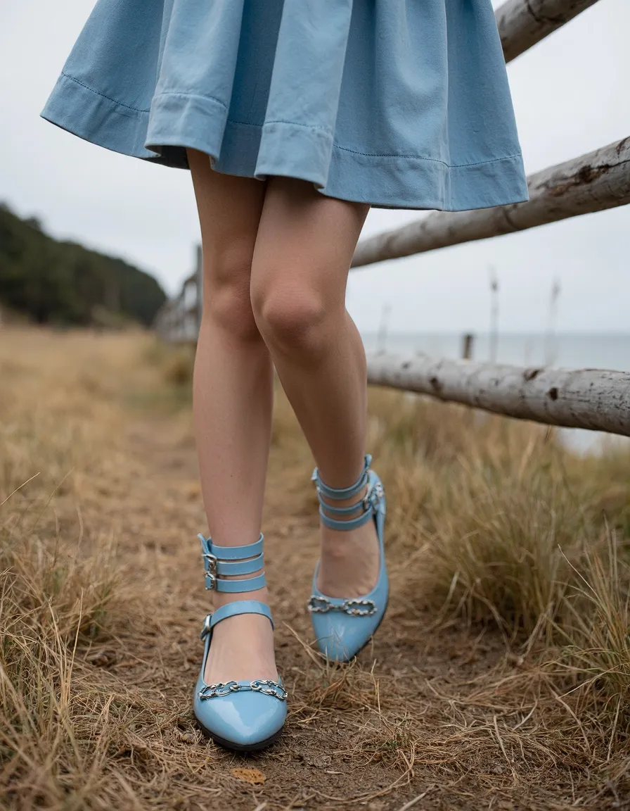 Powder blue ballet flats with chain detail and matching skirt on coastal path with wooden fence and beach grass