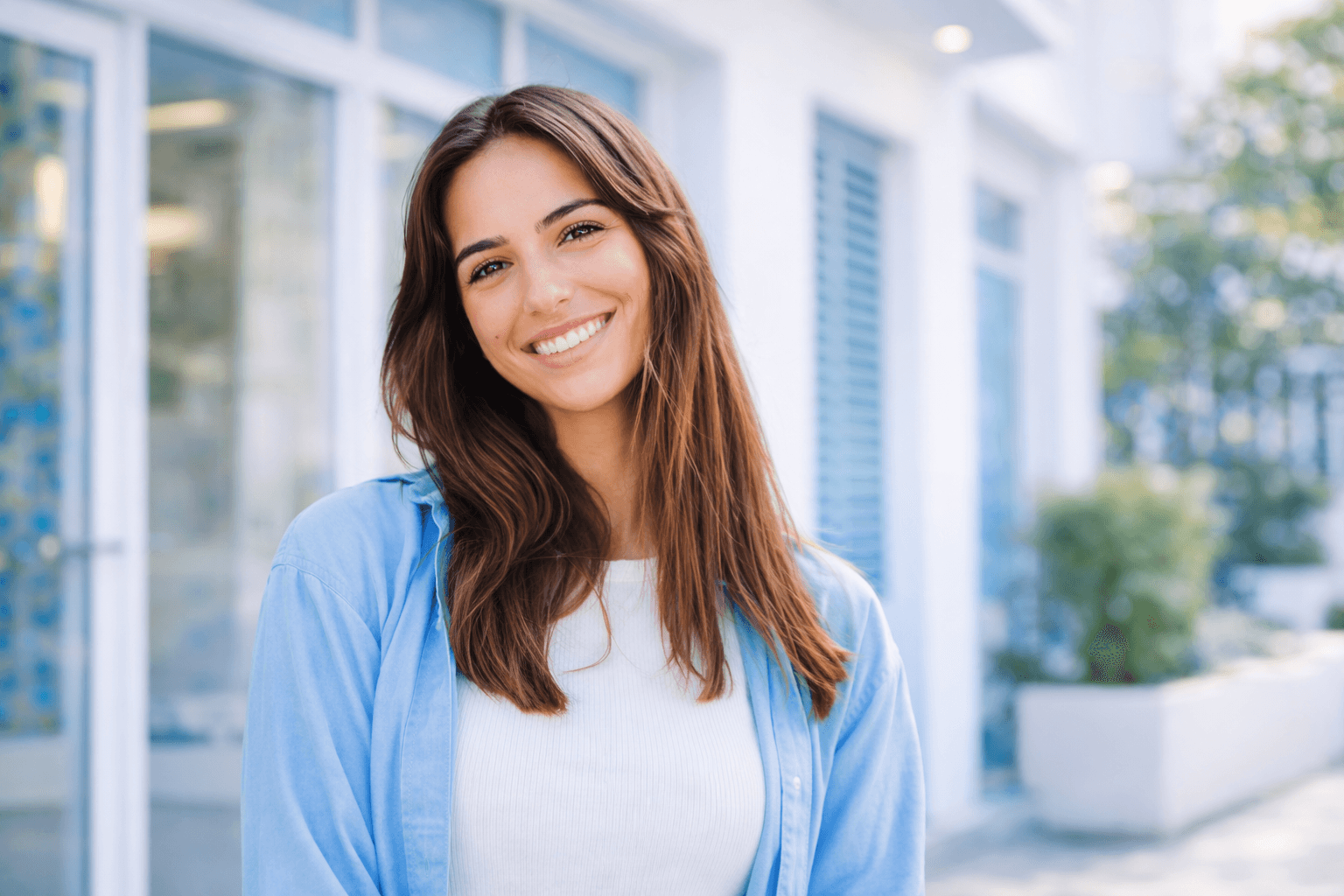 Smiling woman outside a modern endodontic dental clinic in Colorado