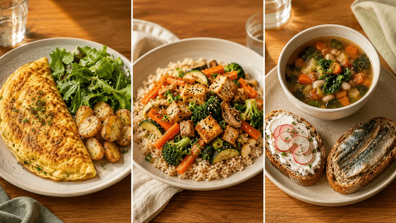 Dîner simple et équilibré avec légumes, féculents et protéines pour un repas de semaine
