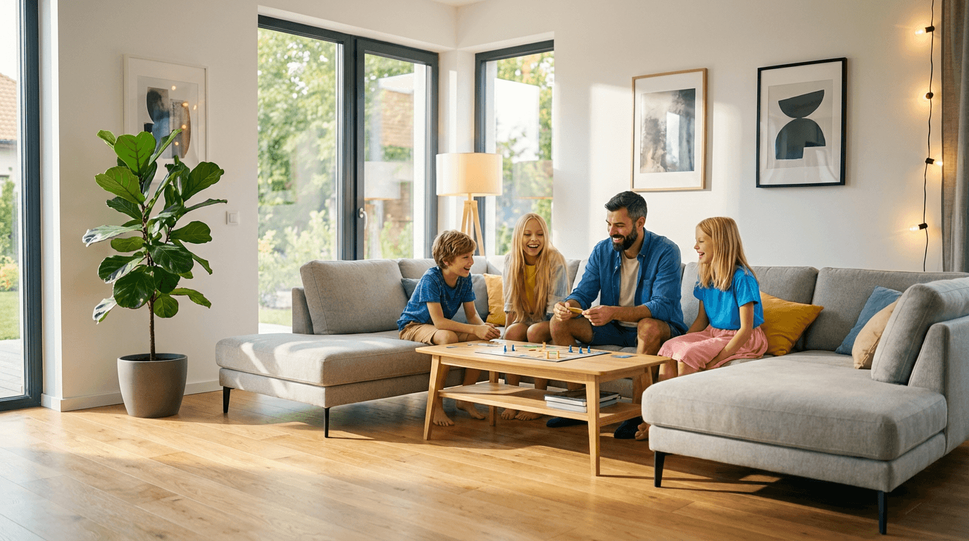 Famille heureuse jouant dans le jardin d'une villa moderne : Assurance habitation multirisque (MRH) au meilleur prix pour propriétaires et locataires chez Select Assurance.