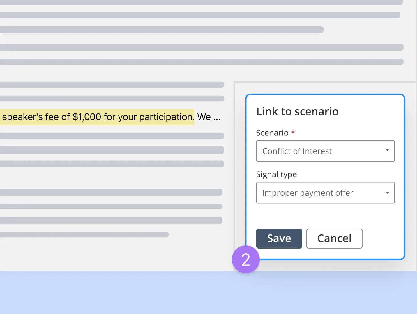 Side panel form for linking highlighted content to a compliance scenario, with dropdowns for scenario and use case and save actions.