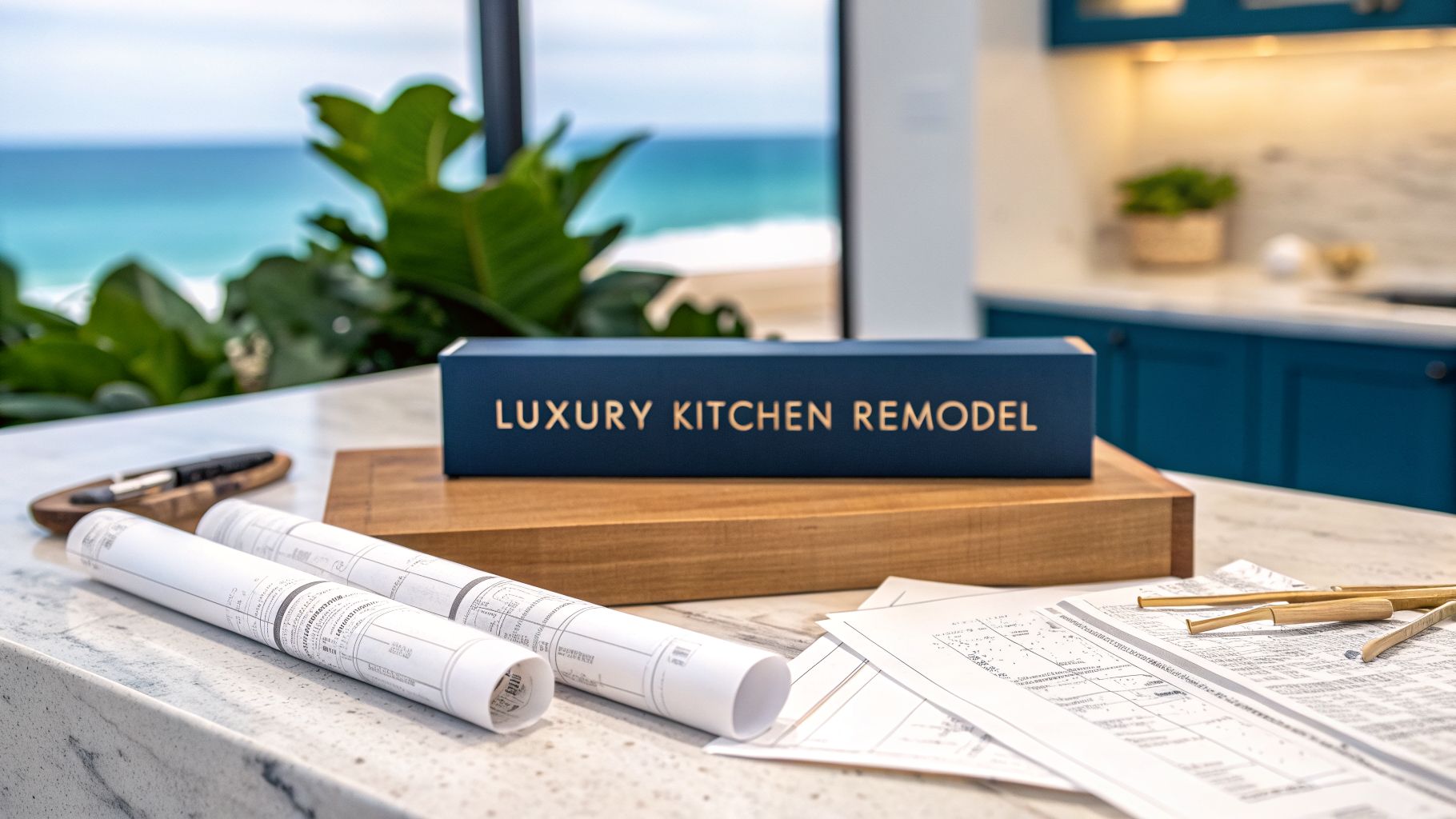 a desk with a book on top reading 'luxury kitchen remodel'