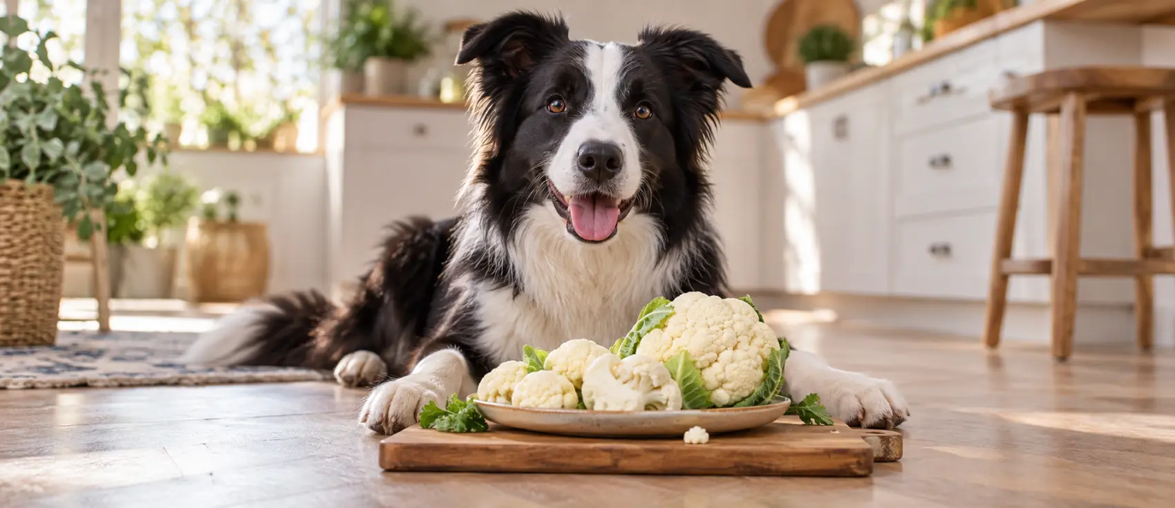 Border collie lying behind a plate of fresh cauliflower florets in the kitchen.