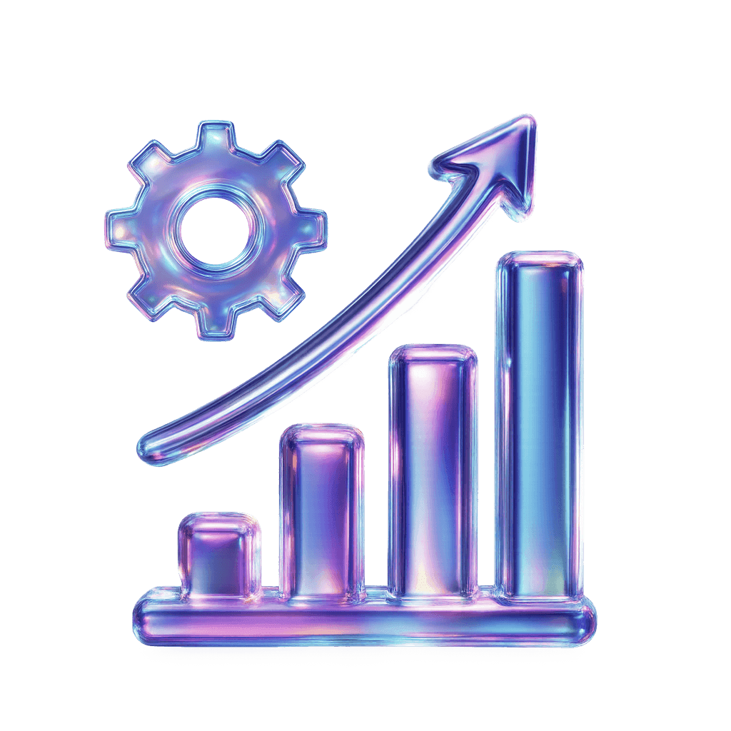 Bar graph with an upward trend, gear icon above, representing growth and progress in data analysis.