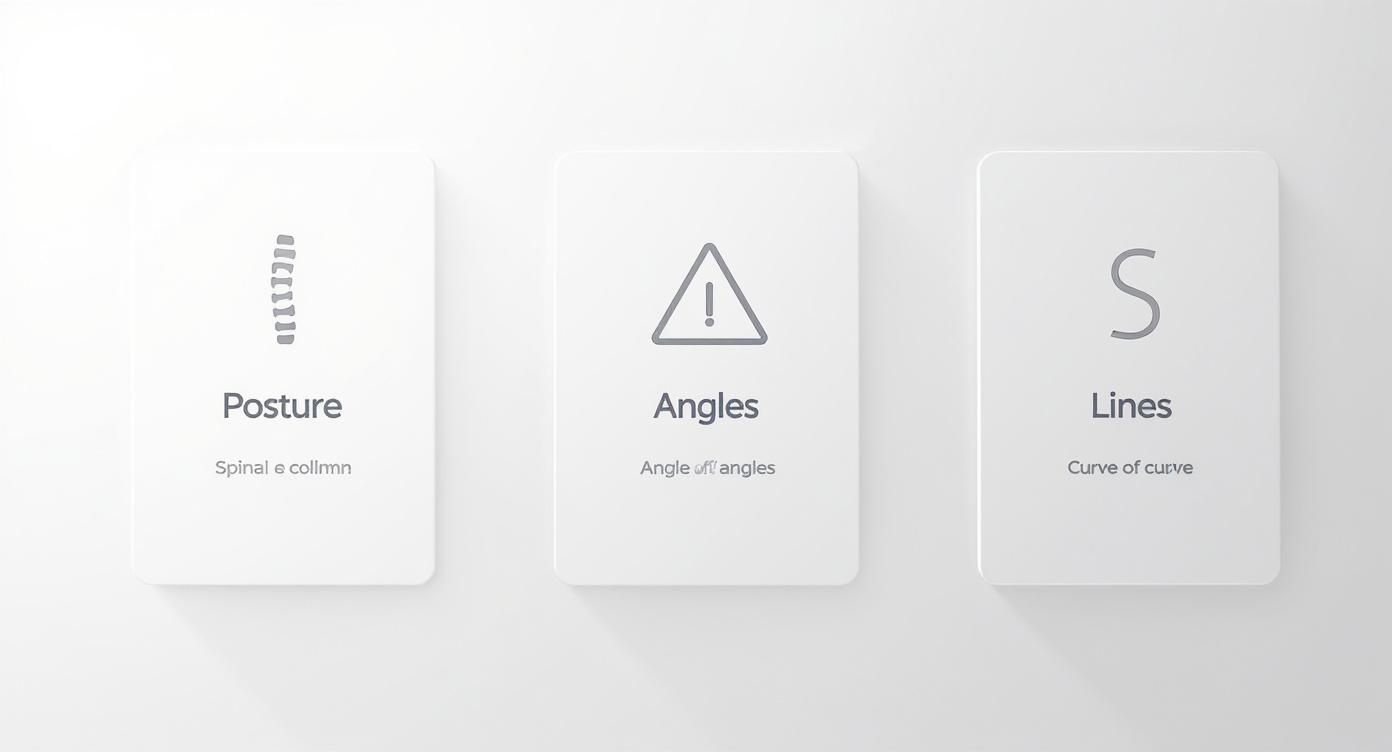 Three minimalist white cards display icons and text related to posture, angles, and lines, possibly for health metrics.