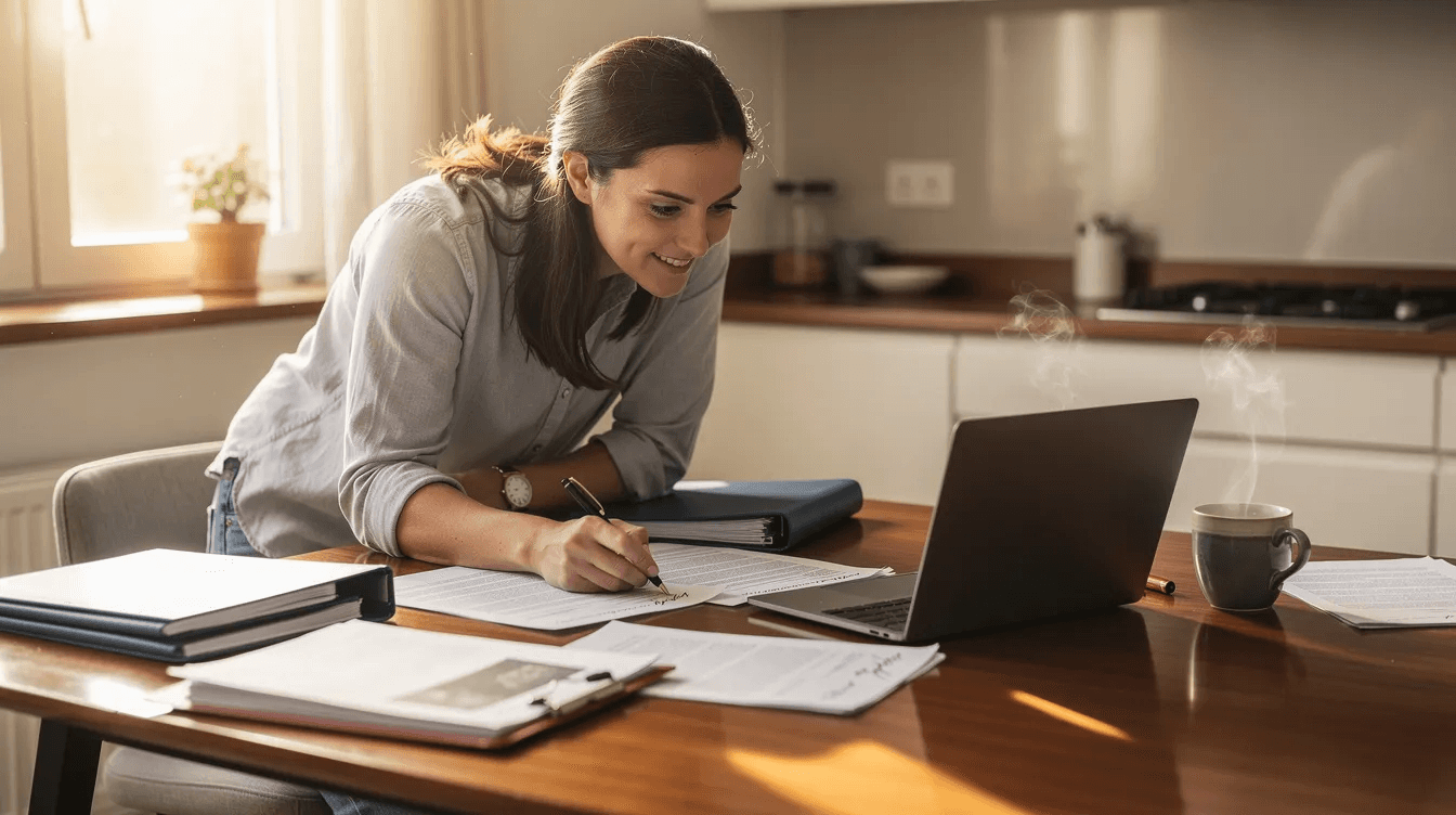A couple is seated at a kitchen table, reviewing financial documents on a laptop while enjoying coffee. They appear engaged in a discussion about their financial goals, possibly preparing for a meeting with a financial advisor to discuss their long-term financial future and risk tolerance.