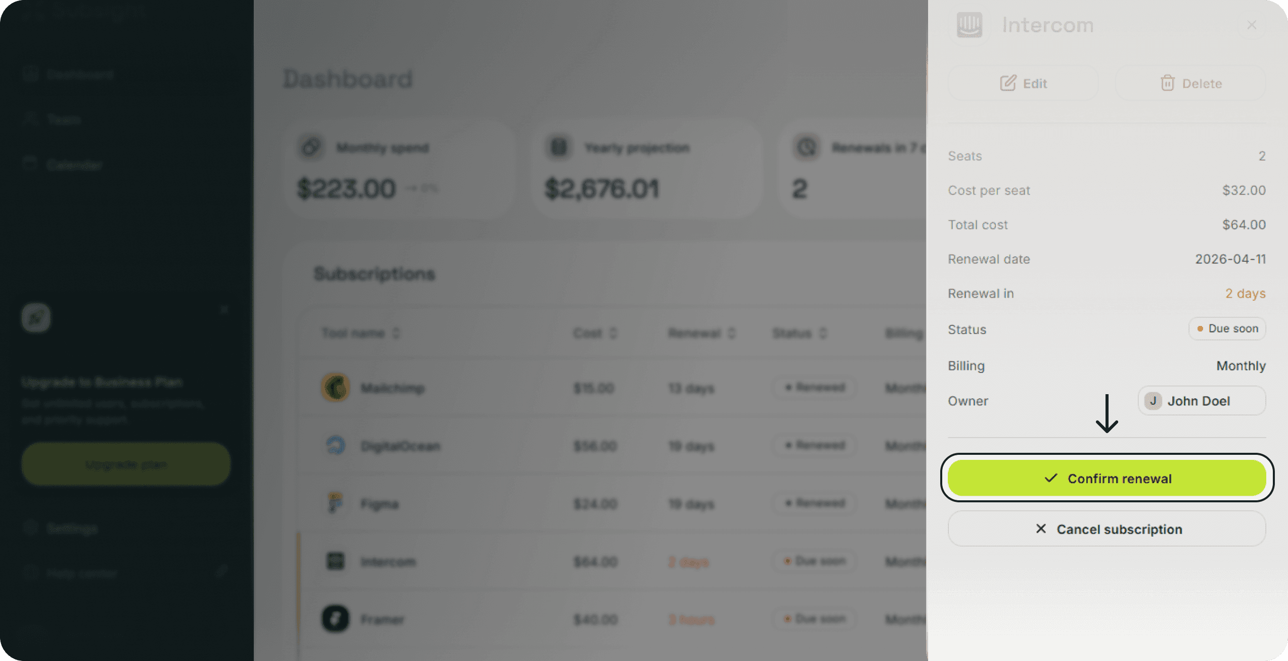 Subsight subscription panel with confirm renewal button to update payment status.