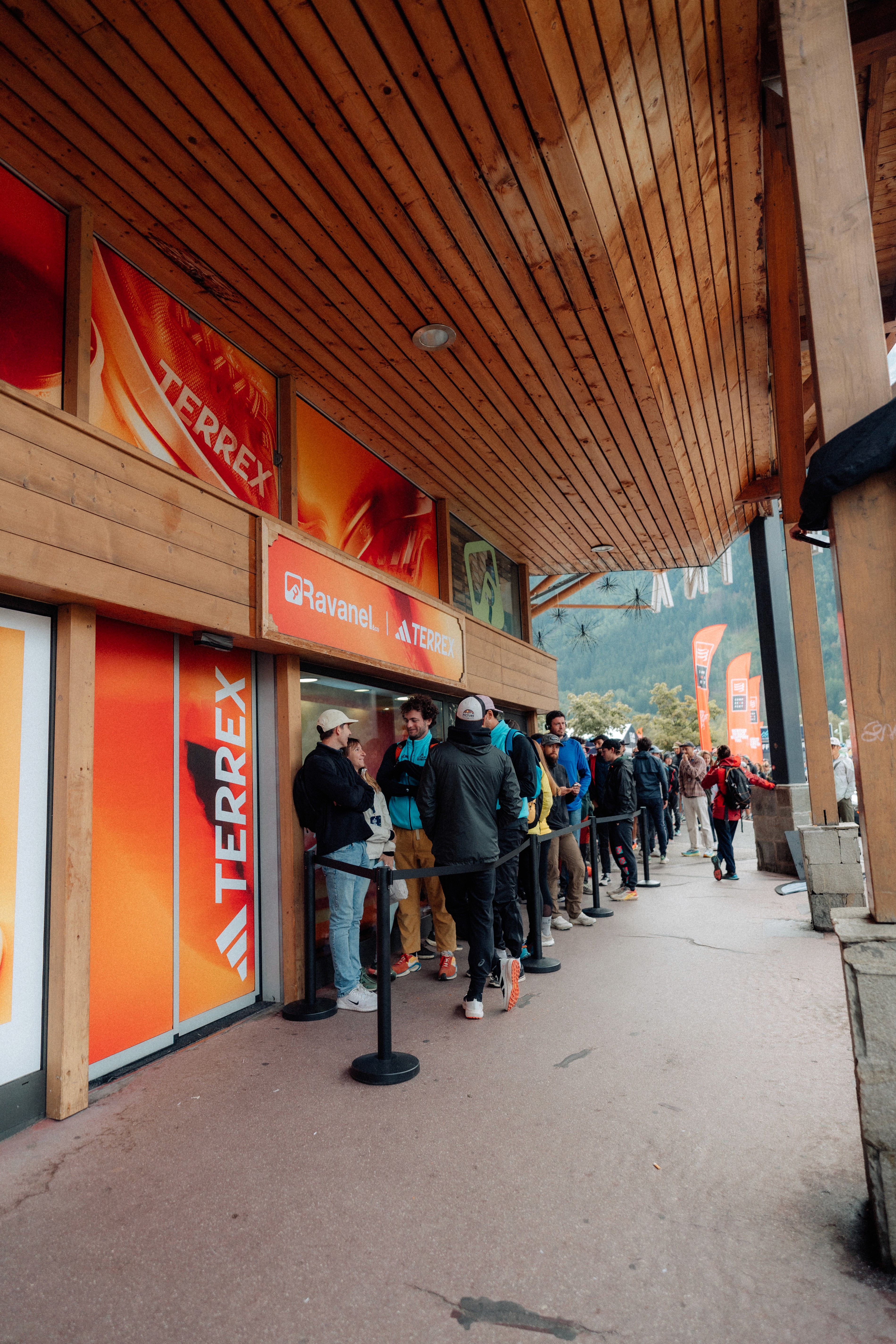 Queue outside the Adidas Terrex Ravanel store in Chamonix during the UTMB event
