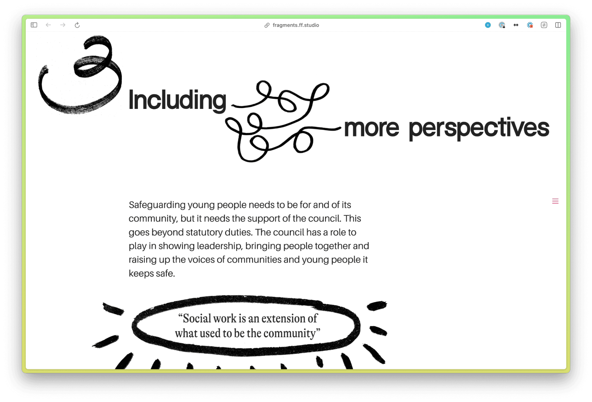 Screenshot of website created to promote the project that says "Including more perspectives"