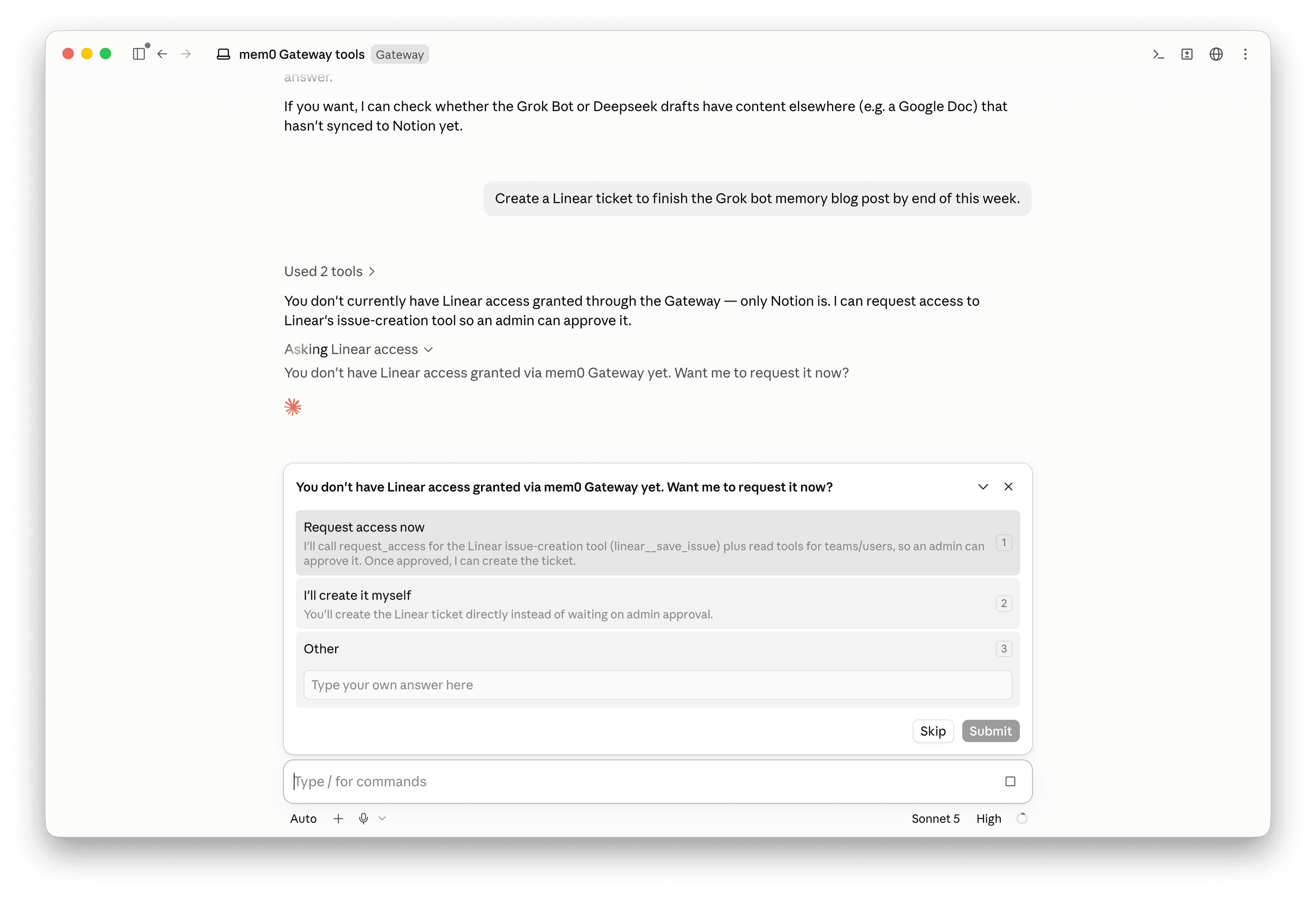 Gateway asking whether to request Linear access