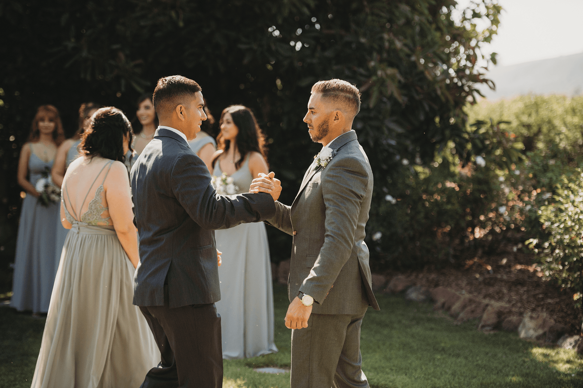 Flat lay wedding details with bouquet, rings, and sparkling bridal heels