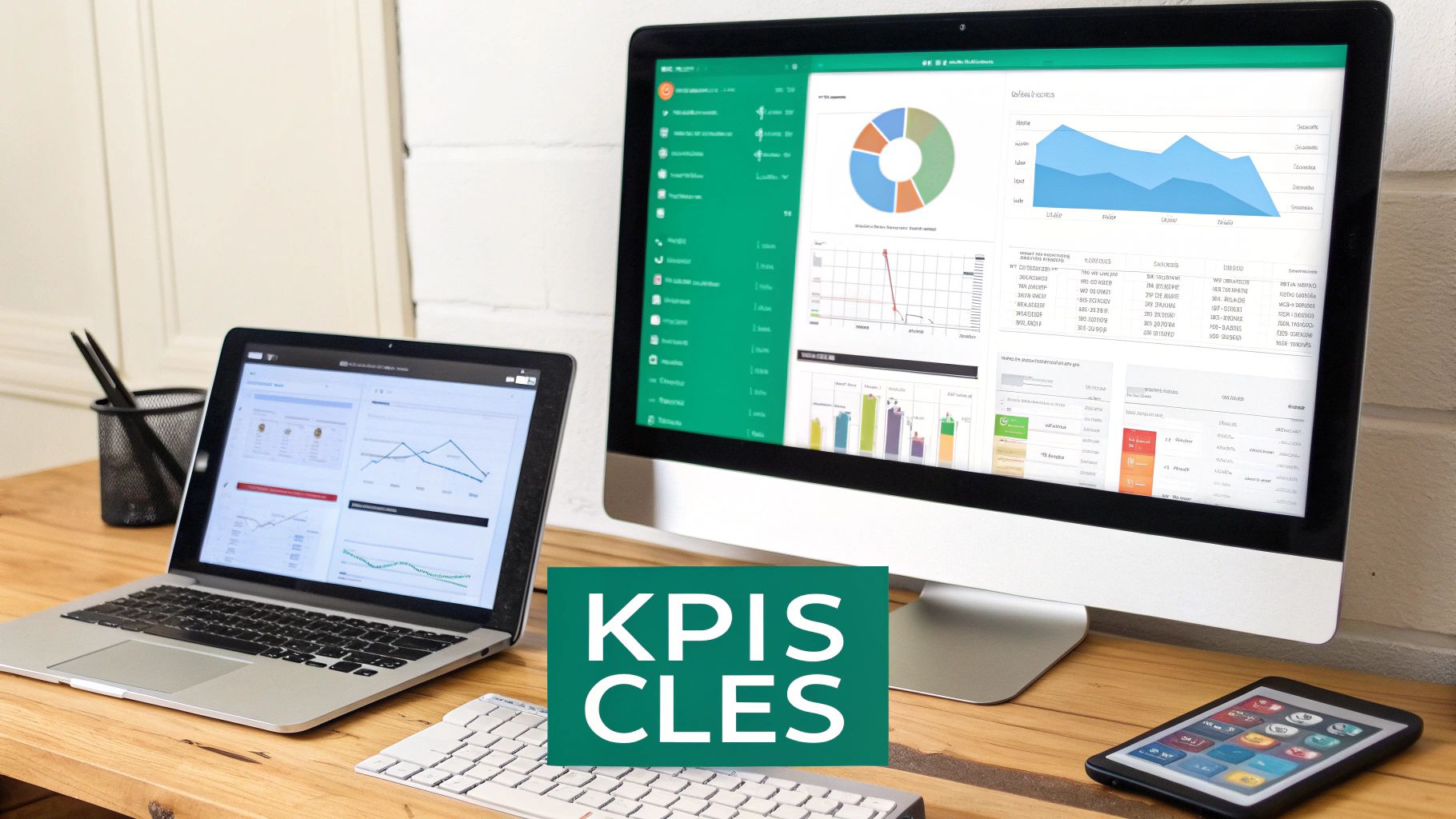 Un bureau de travail avec un ordinateur portable, un grand écran affichant des tableaux de bord de données et 'KPIS CLES'.