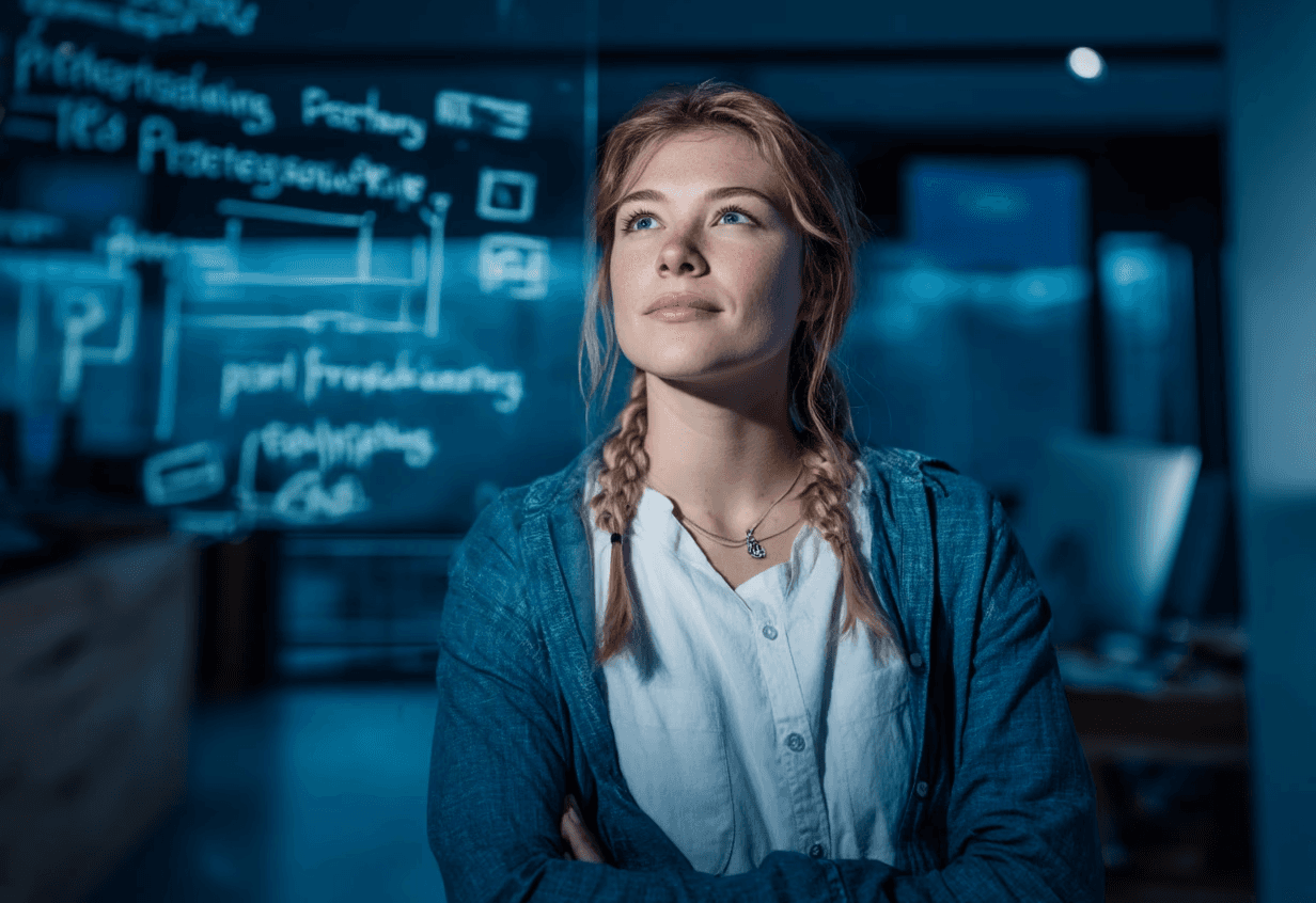 Blonde woman looking up with a thoughtful expression. She has two braids and wears a blue cardigan. A transparent diagram is in front of her.